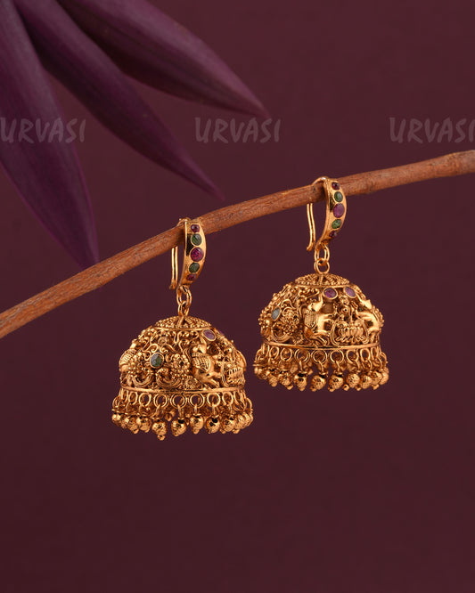 Gold-Toned Elephant Motif Peacock Lakshmi Hanging Jhumka Earrings ER 974