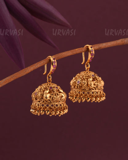 Gold-Toned Elephant Motif Peacock Lakshmi Hanging Jhumka Earrings ER 974