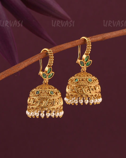 Gold-Toned Floral Leaf Designed Hanging Jhumka Earrings ER 971