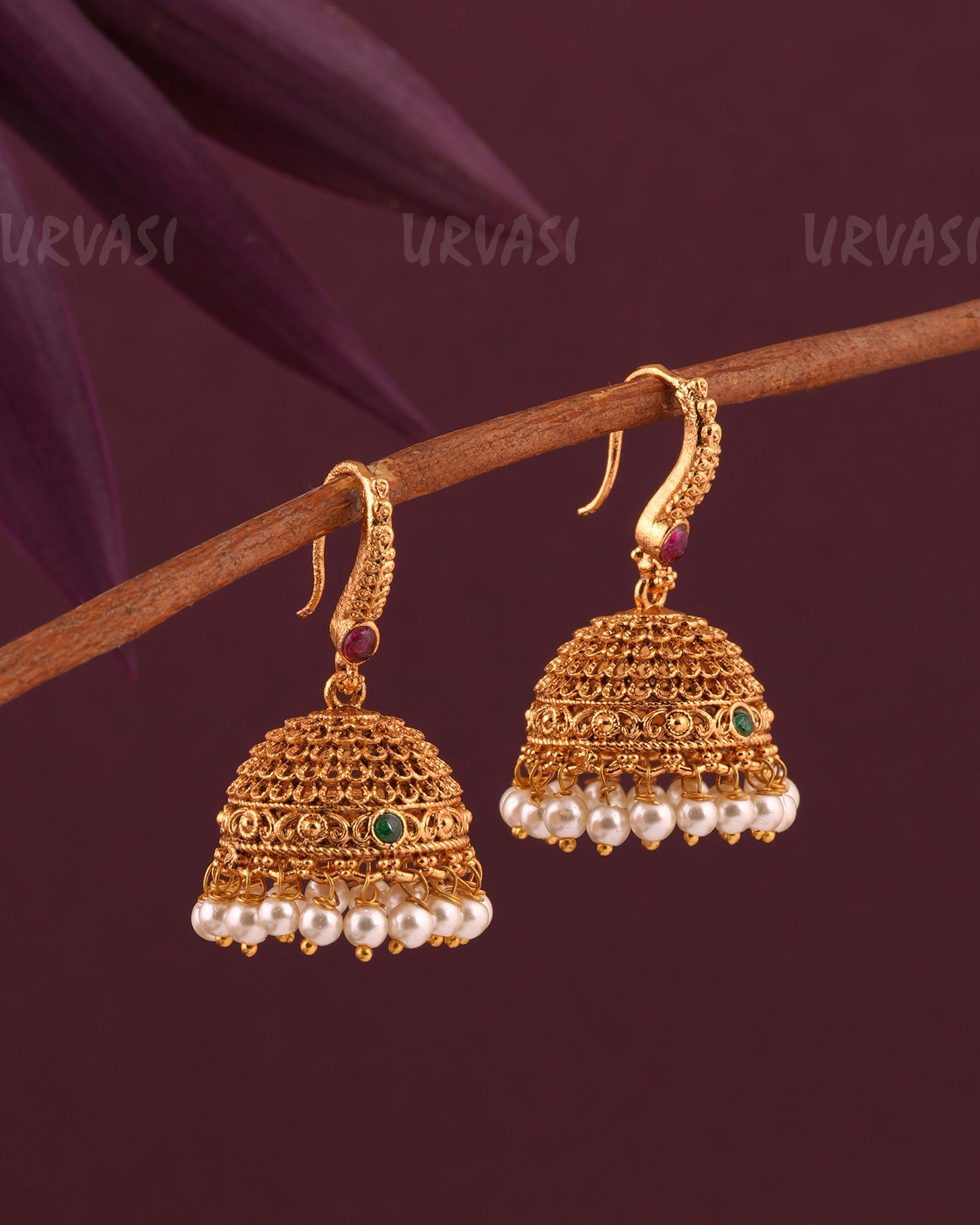 Gold-Toned Floral Replica Hanging Jhumka Earrings ER 975