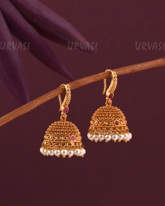 Gold-Toned Floral Replica Hanging Jhumka Earrings ER 975