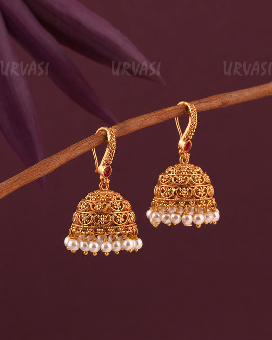 Gold-Toned Floral Pearl Hanging Jhumka Earrings ER 972
