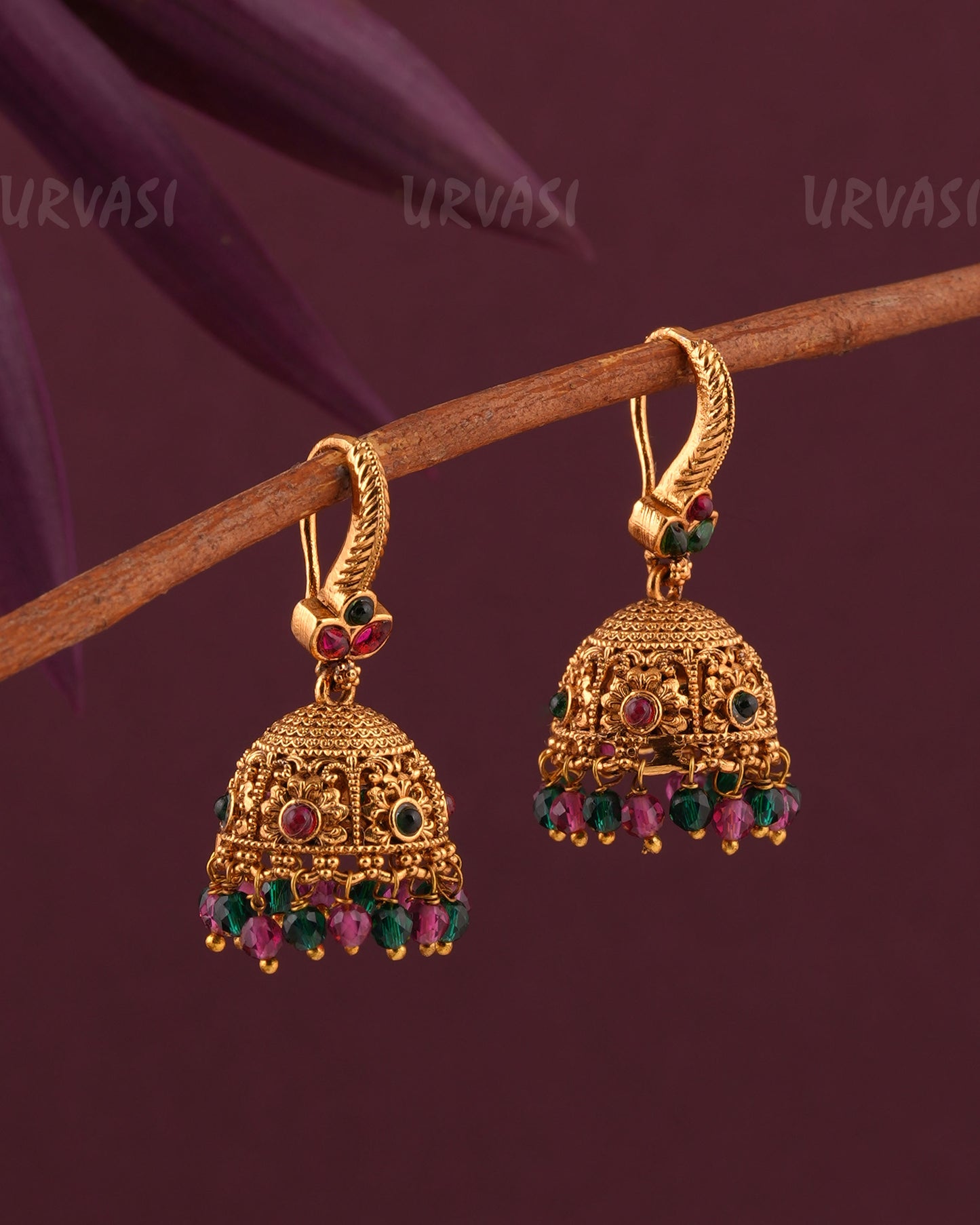 Gold-Toned Leaf-Motif Floral Hanging Jhumka  Earrings ER 959