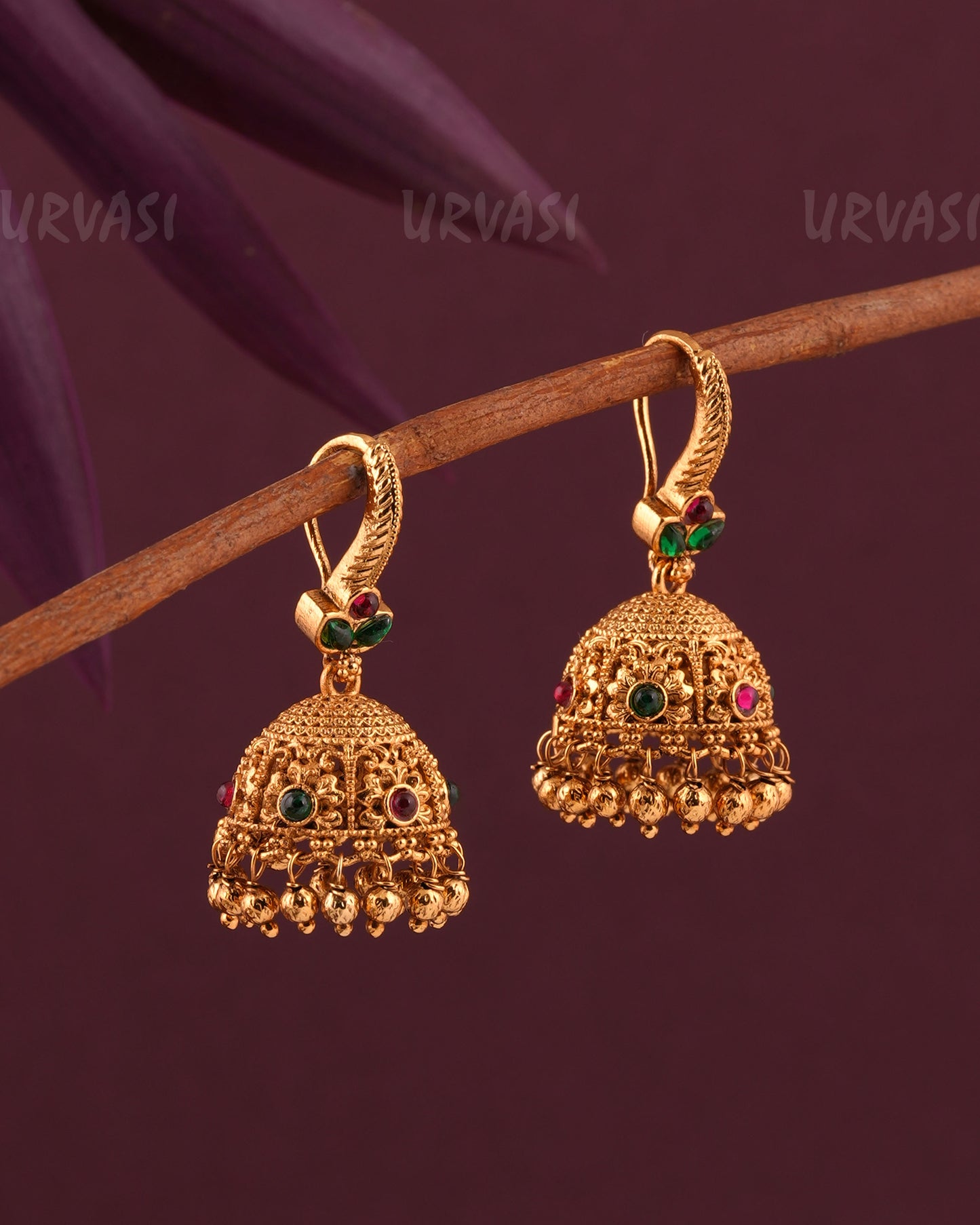 Gold-Toned Leaf-Motif Floral Hanging Jhumka  Earrings ER 959