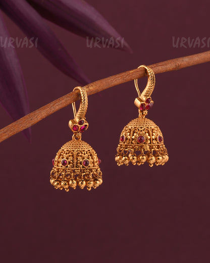 Gold-Toned Leaf-Motif Floral Hanging Jhumka  Earrings ER 959