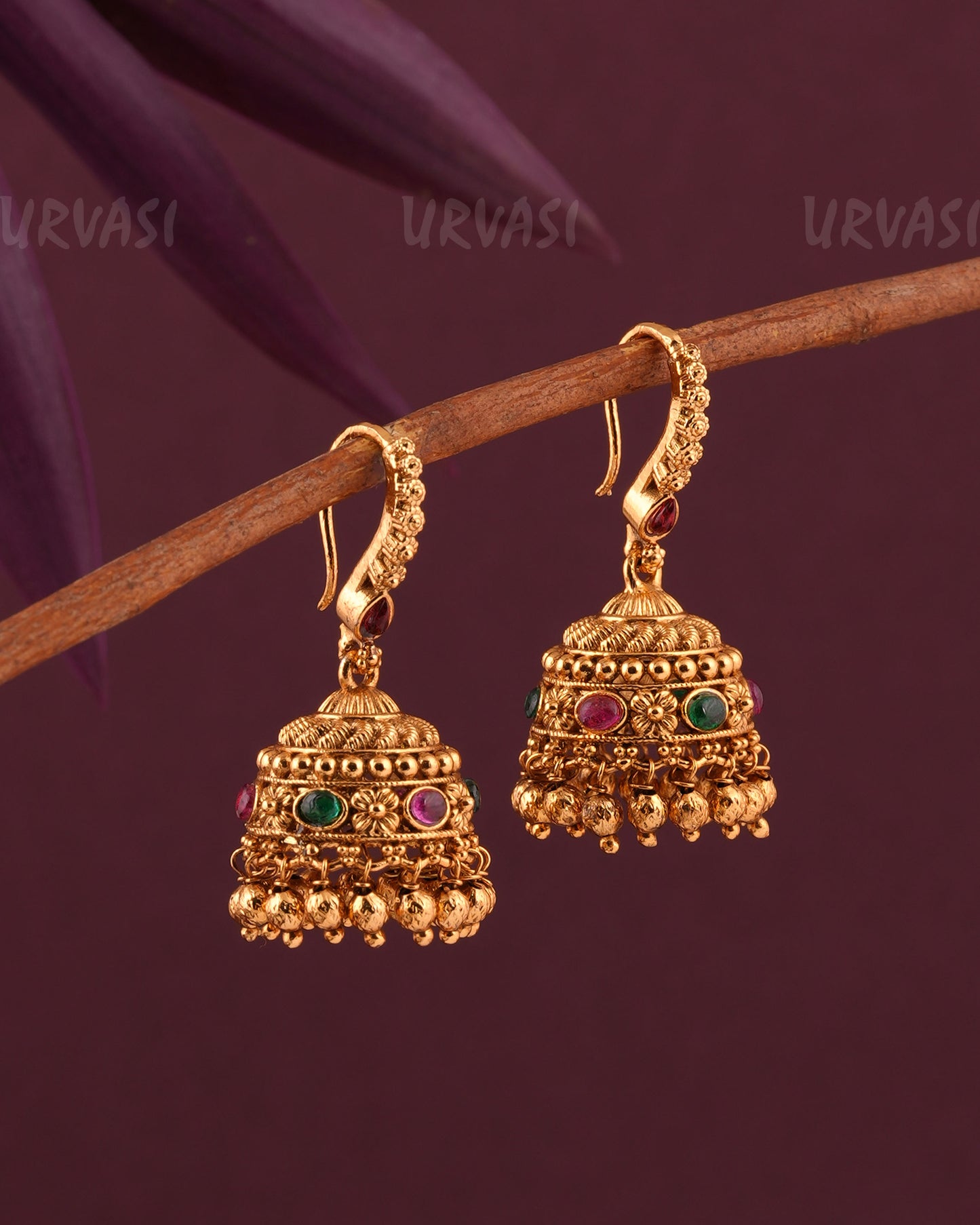 Gold-Toned Floral Hanging Jhumka Earrings ER 969