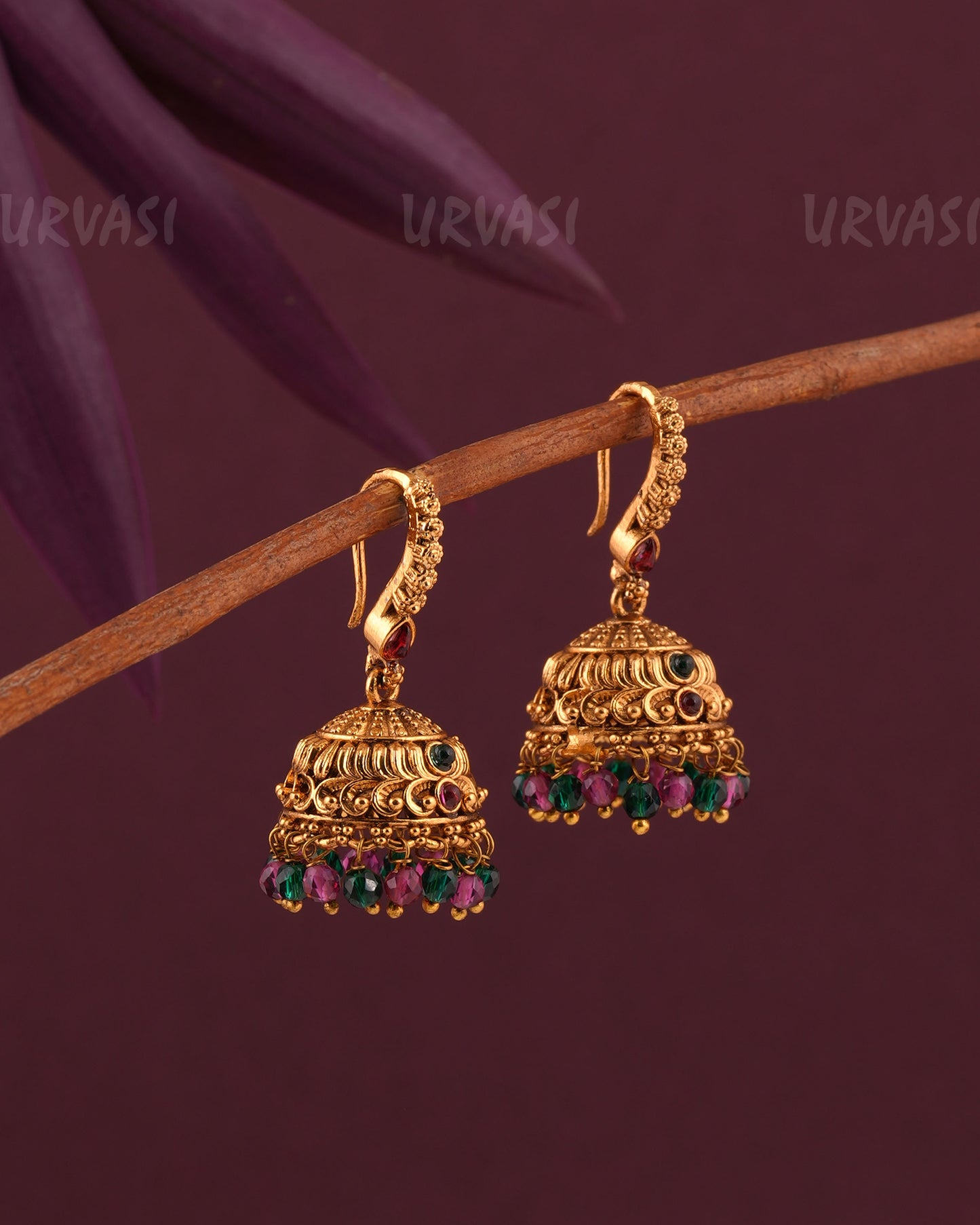 Gold-Toned Floral Motif Hanging Jhumka Earrings ER 968