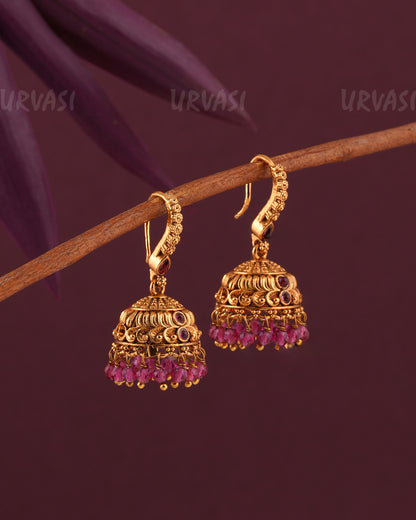 Gold-Toned Floral Motif Hanging Jhumka Earrings ER 968