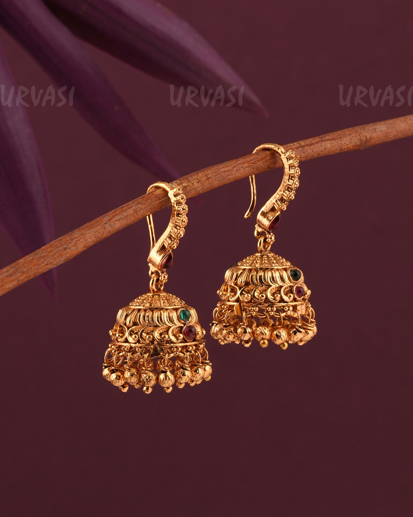 Gold-Toned Floral Motif Hanging Jhumka Earrings ER 968