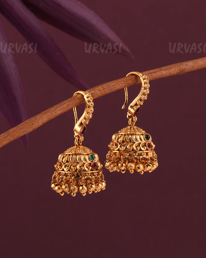 Gold-Toned Floral Motif Hanging Jhumka Earrings ER 968
