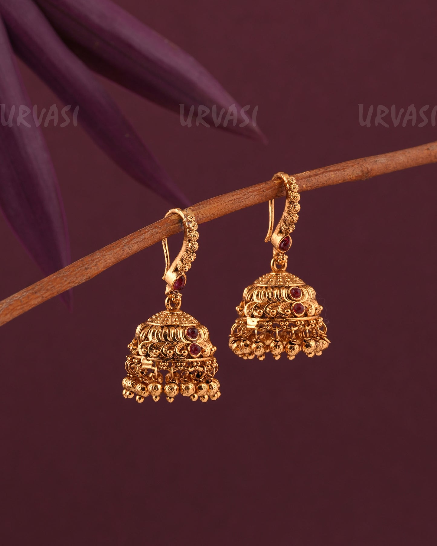 Gold-Toned Floral Motif Hanging Jhumka Earrings ER 968