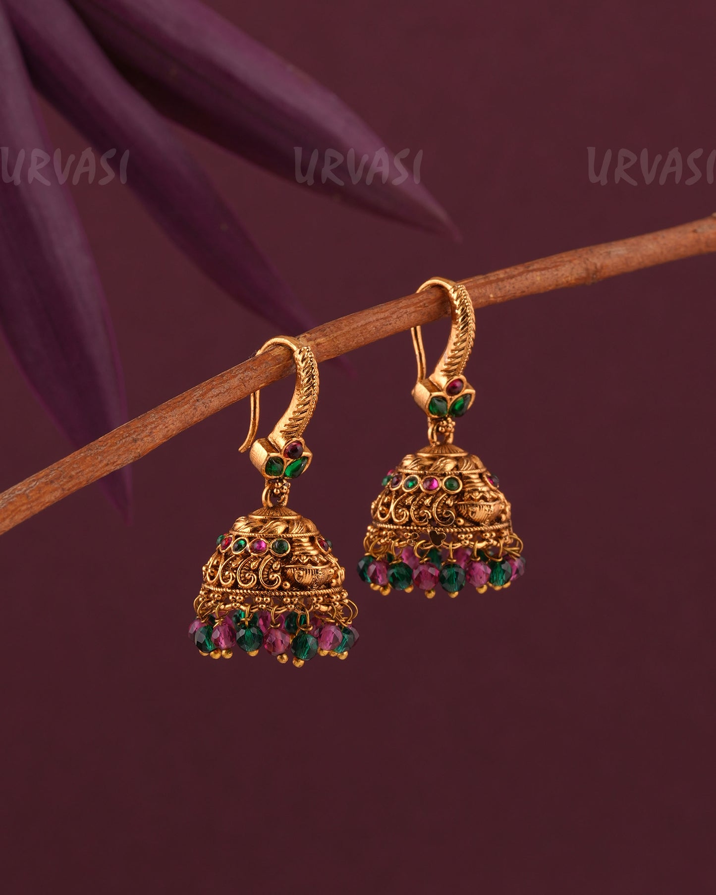 Gold-Toned Leaf-Designed Floral hanging Jhumka Earrings ER 967