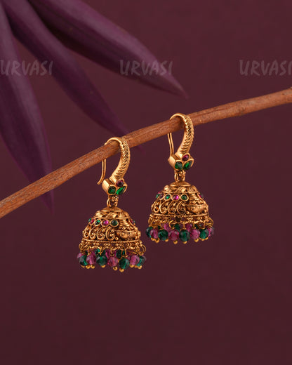 Gold-Toned Leaf-Designed Floral hanging Jhumka Earrings ER 967