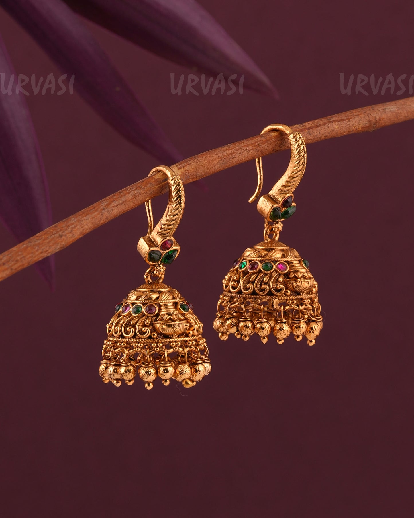 Gold-Toned Leaf-Designed Floral hanging Jhumka Earrings ER 967