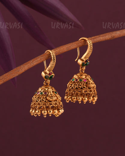Gold-Toned Leaf-Designed Floral hanging Jhumka Earrings ER 967