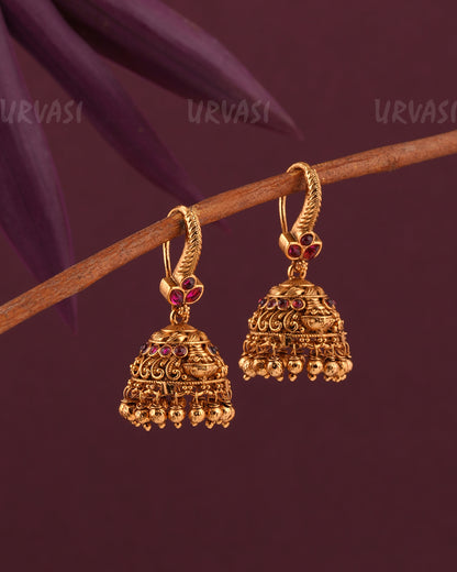 Gold-Toned Leaf-Designed Floral hanging Jhumka Earrings ER 967
