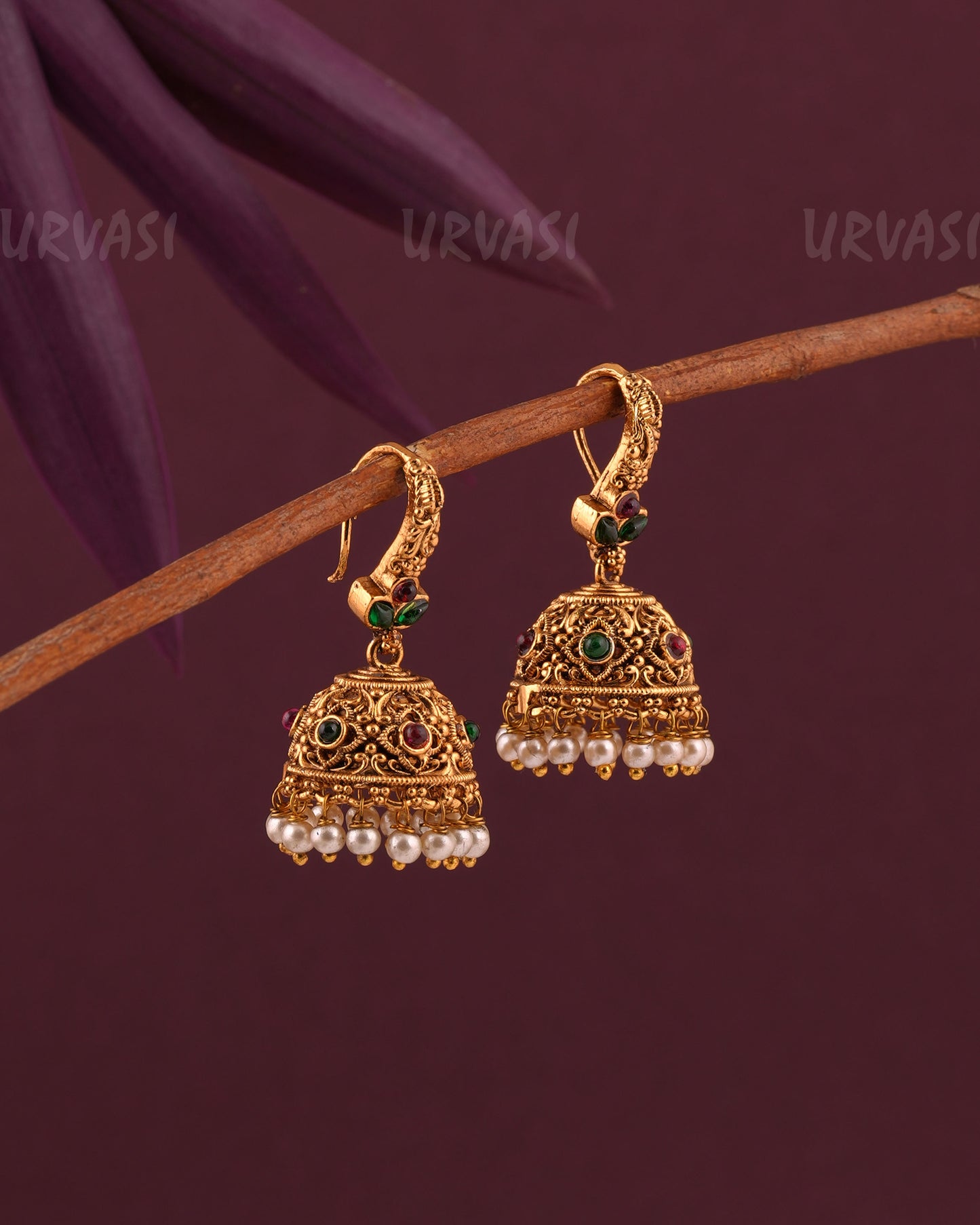 Gold-Toned Floral Leaf-Motif Hanging Jhumka Earrings ER 966