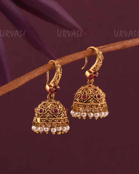 Gold-Toned Floral Leaf-Motif Hanging Jhumka Earrings ER 966