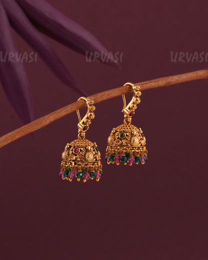 Gold-Toned Peacock Motif Floral hanging Jhumka Earrings ER 965