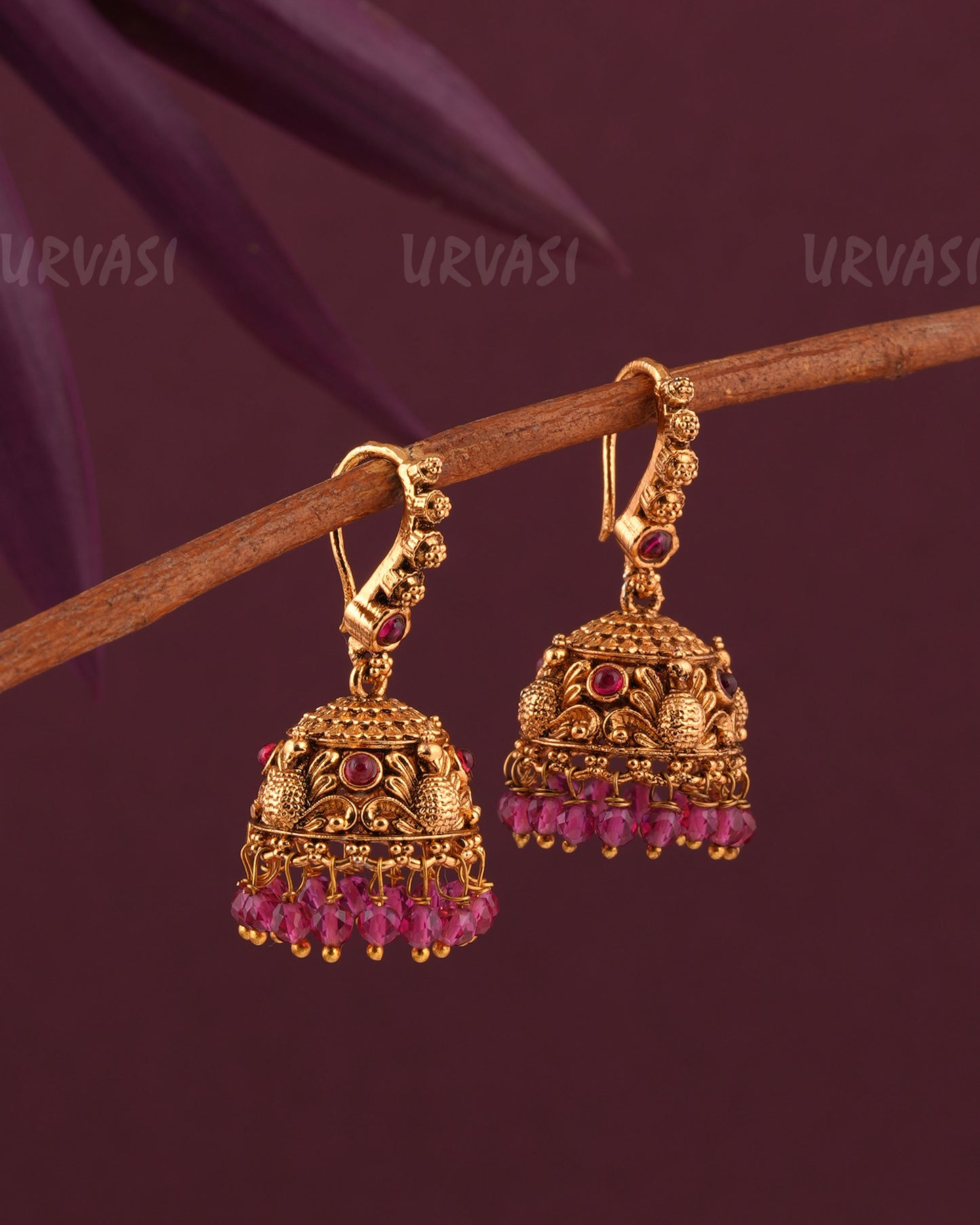 Gold-Toned Peacock Motif Floral hanging Jhumka Earrings ER 965