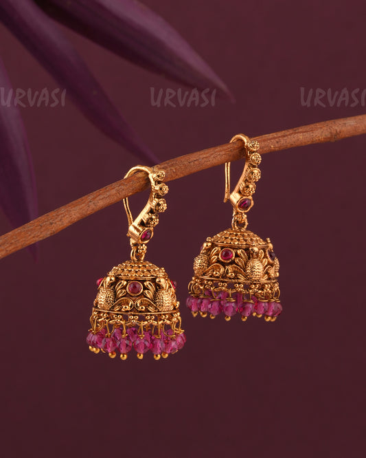 Gold-Toned Peacock Motif Floral hanging Jhumka Earrings ER 965