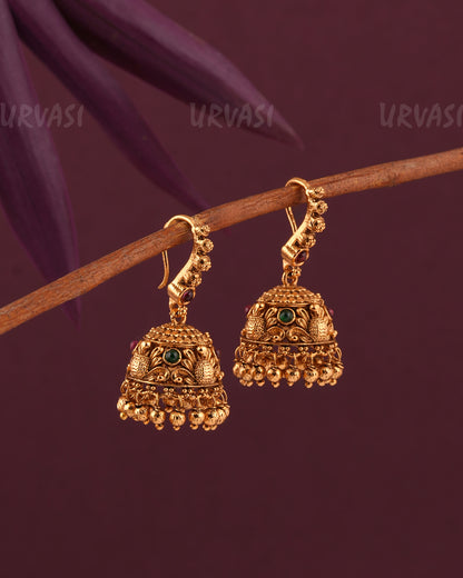 Gold-Toned Peacock Motif Floral hanging Jhumka Earrings ER 965