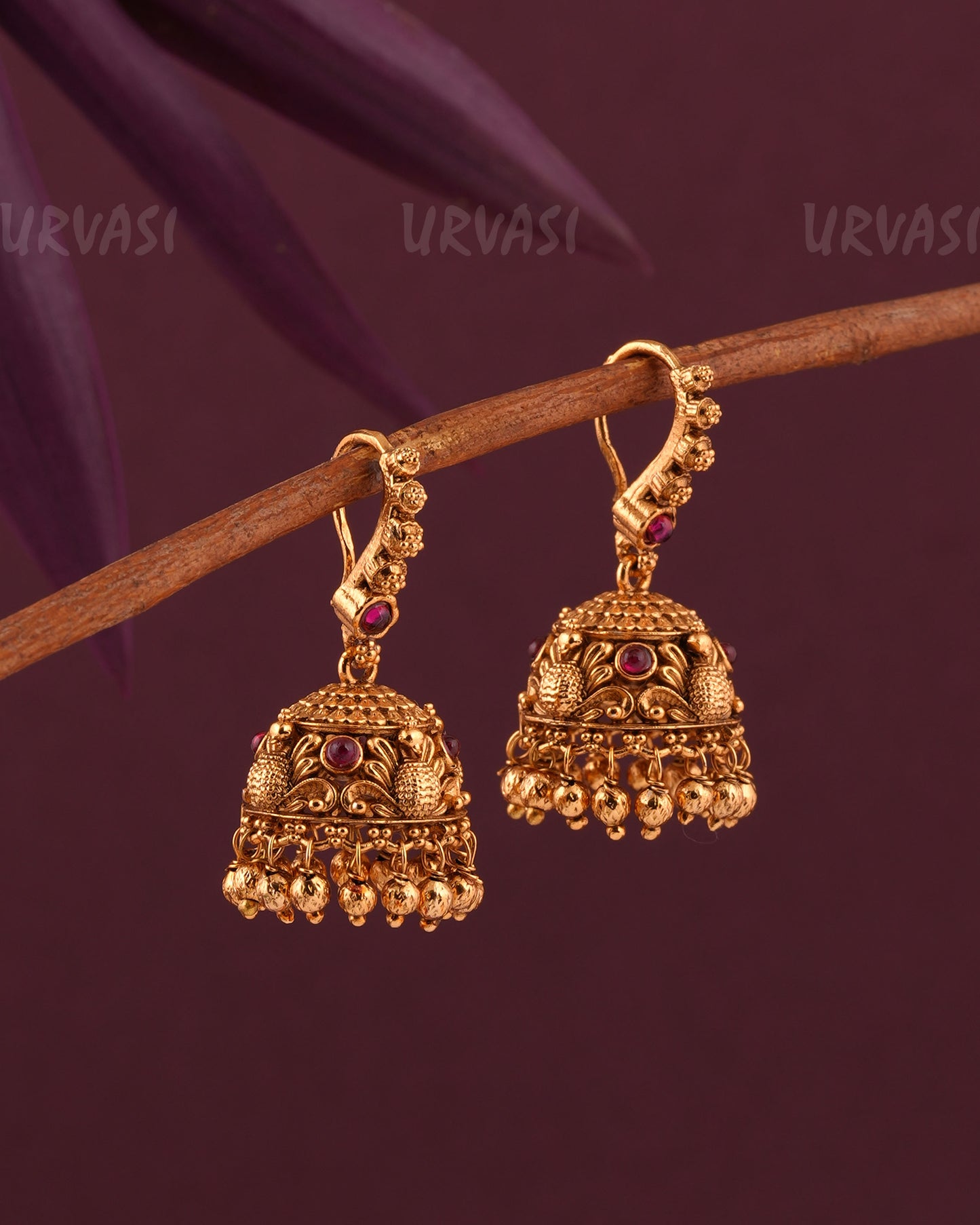 Gold-Toned Peacock Motif Floral hanging Jhumka Earrings ER 965