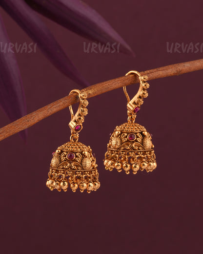Gold-Toned Peacock Motif Floral hanging Jhumka Earrings ER 965