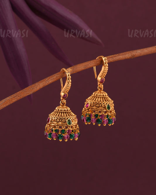 Gold-Polish Tear-Drop Floral Hanging Jhumka Earrings ER 963