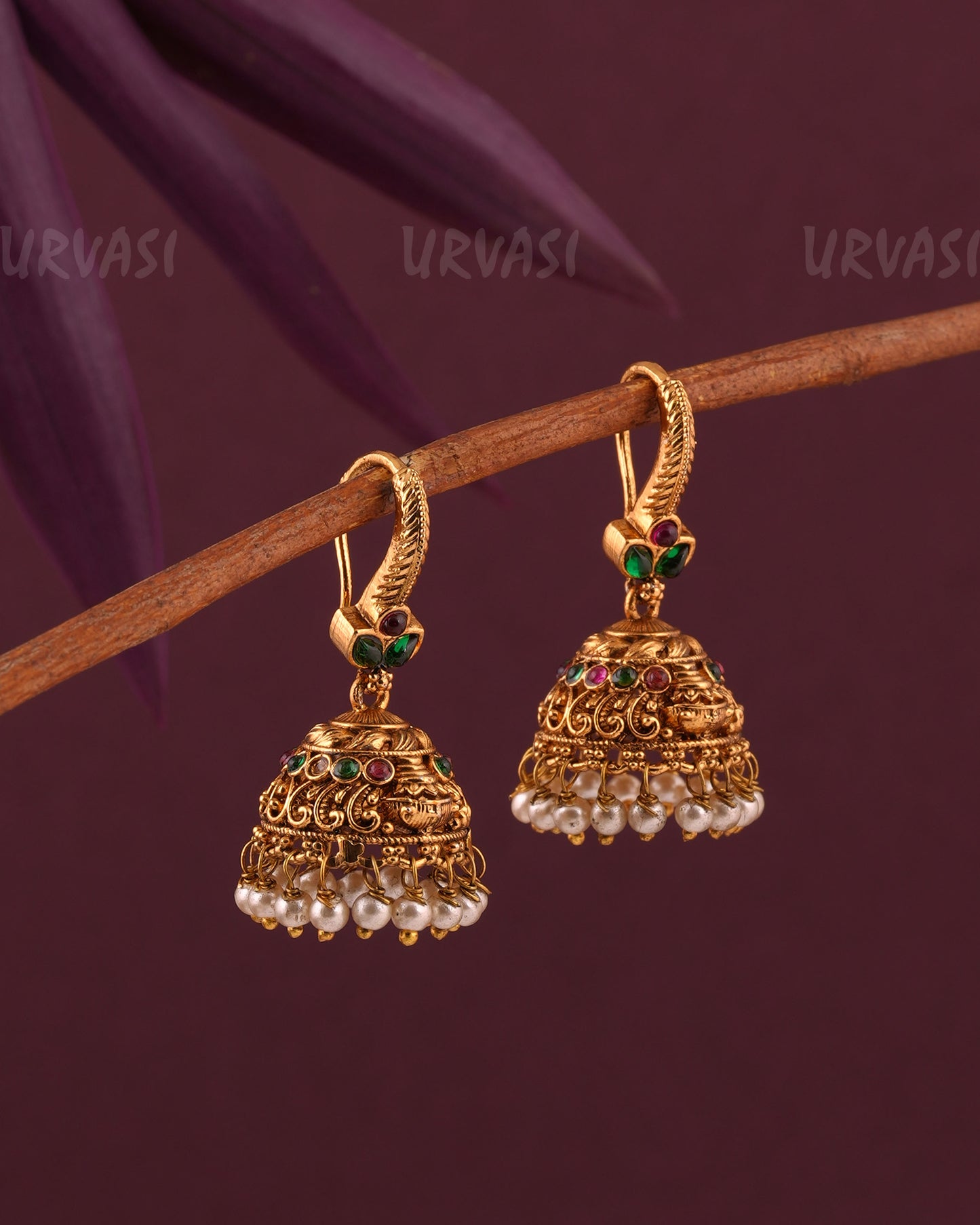 Gold-Toned Leaf-Designed Floral Hanging Jhumka Earrings ER 960