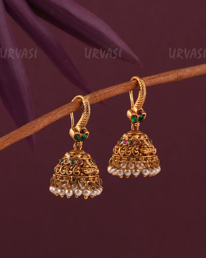 Gold-Toned Leaf-Designed Floral Hanging Jhumka Earrings ER 960