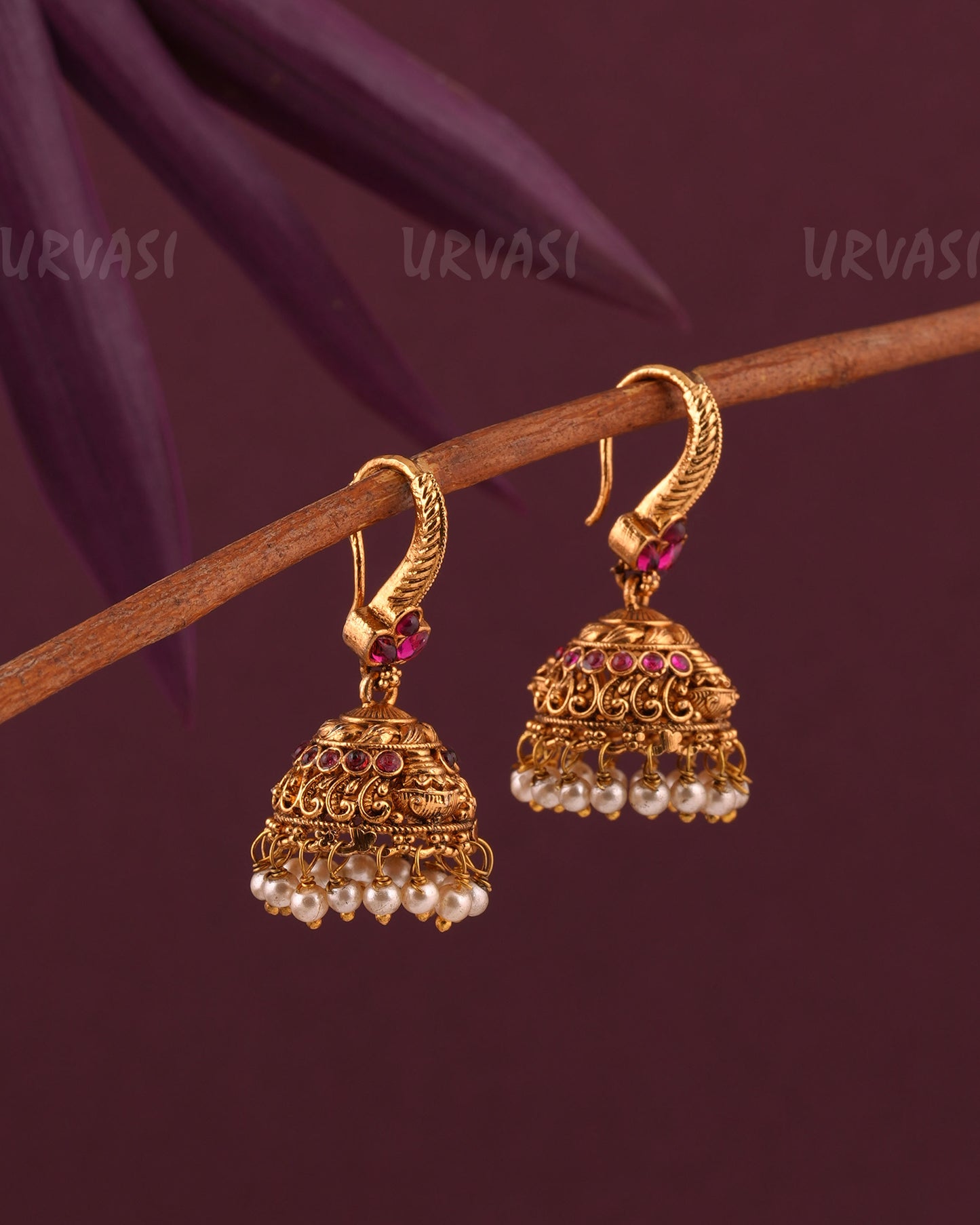 Gold-Toned Leaf-Designed Floral Hanging Jhumka Earrings ER 960