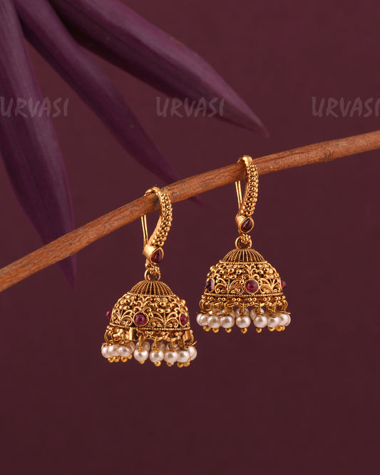 Gold-Toned Floral Pearl Hanging Jhumka Earrings ER 958