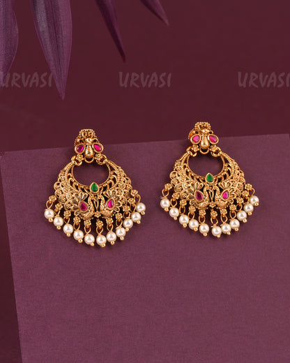 Gold-Toned Peacock Floral Pearl Hanging Earrings ER 988