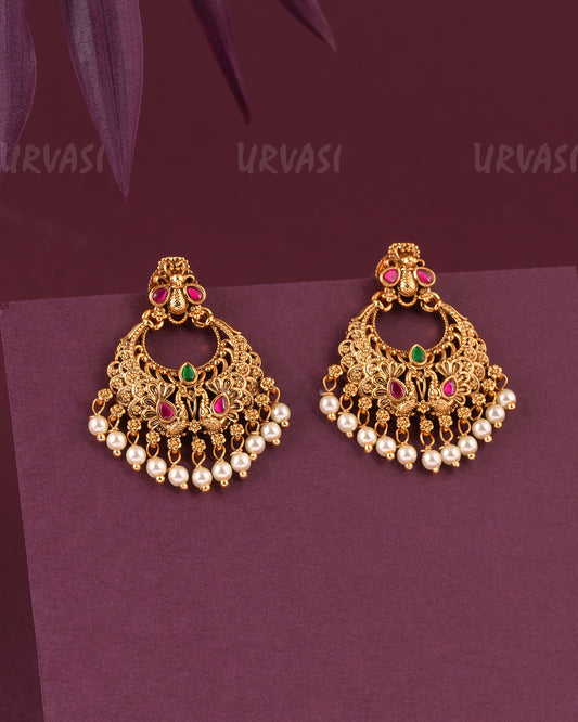 Gold-Toned Peacock Floral Pearl Hanging Earrings ER 988