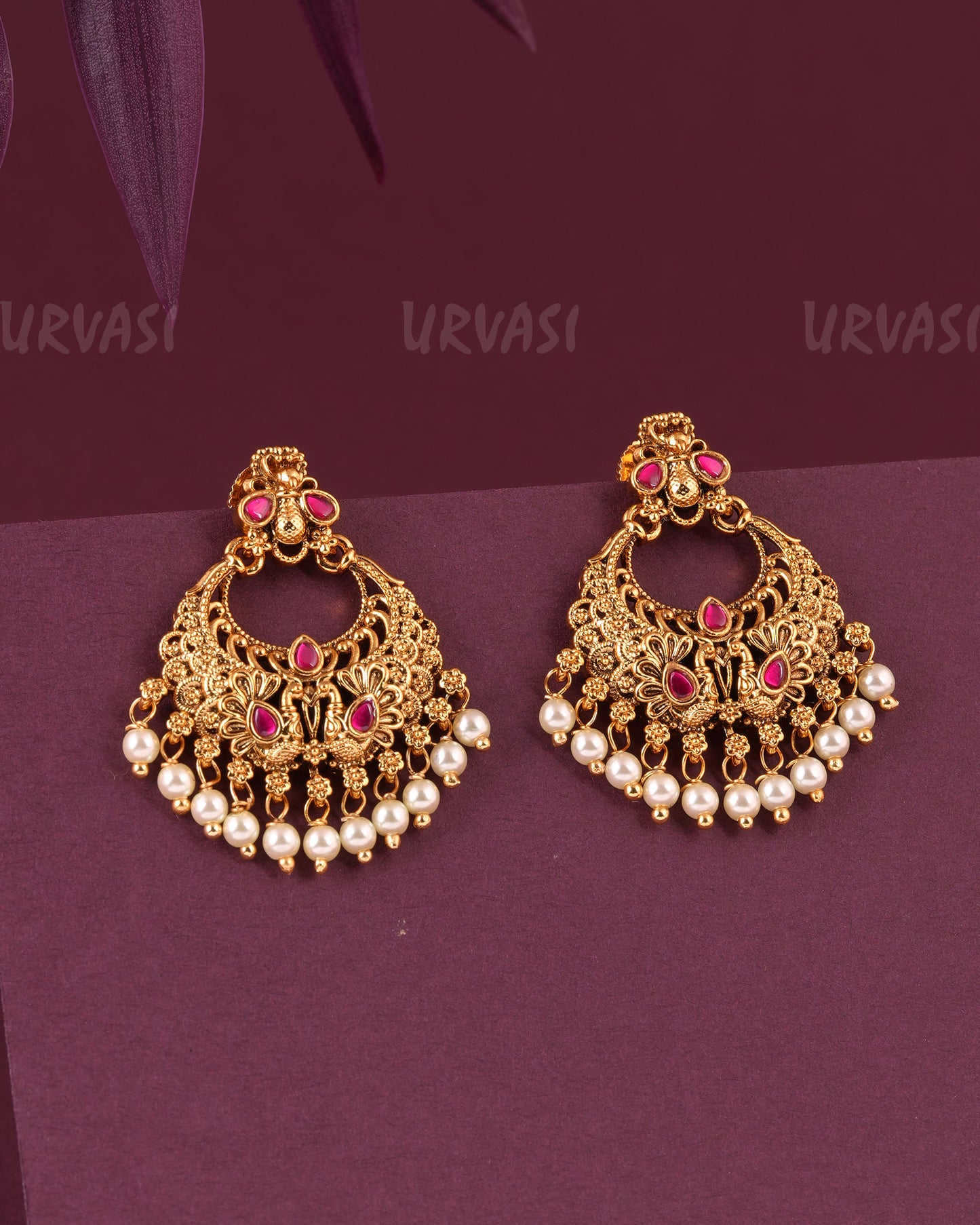 Gold-Toned Peacock Floral Pearl Hanging Earrings ER 988