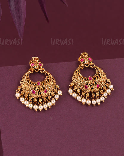 Gold-Toned Peacock Floral Pearl Hanging Earrings ER 988