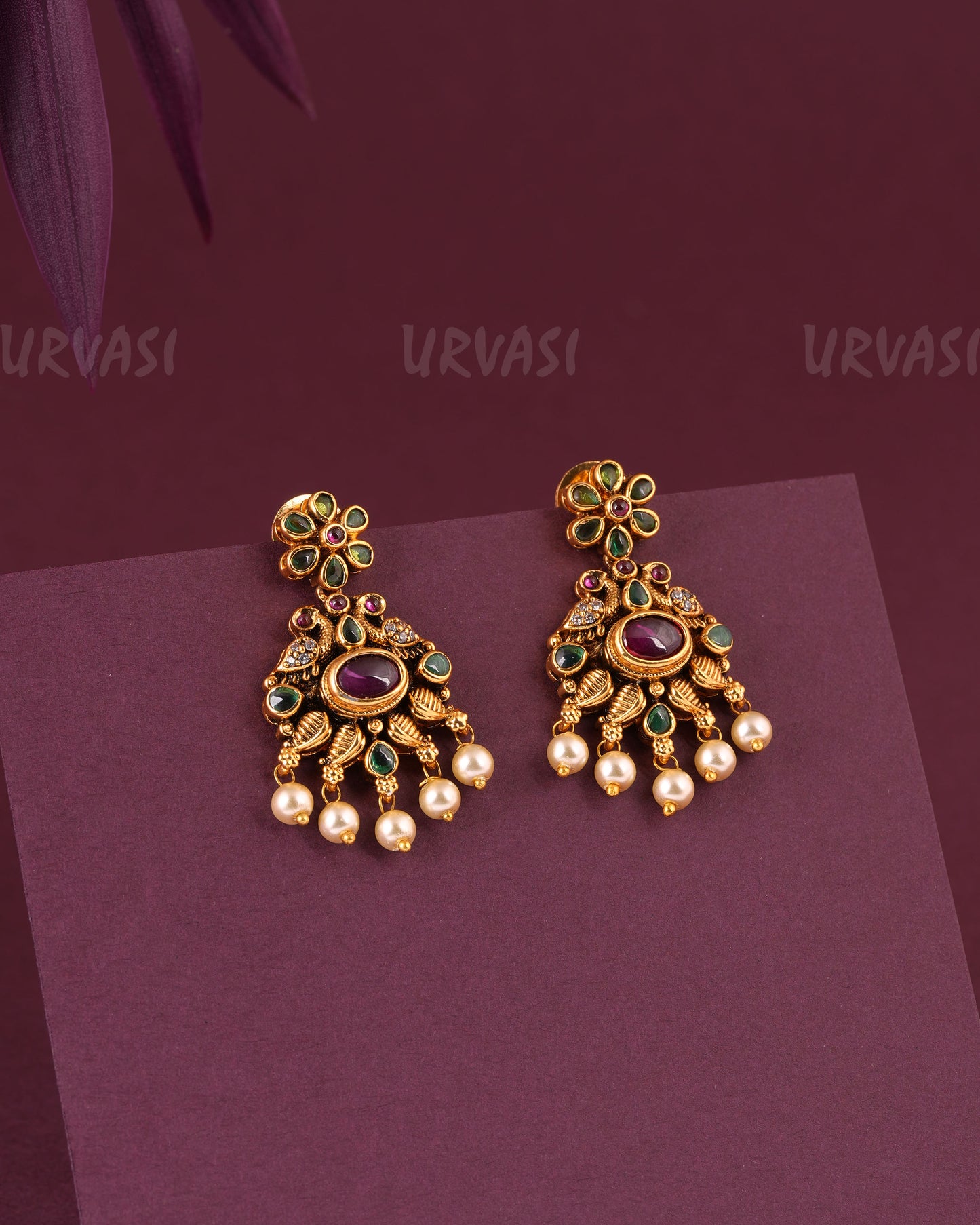 Gold-Toned Peacock Motifs Floral Pearl hanging Earrings ER 986