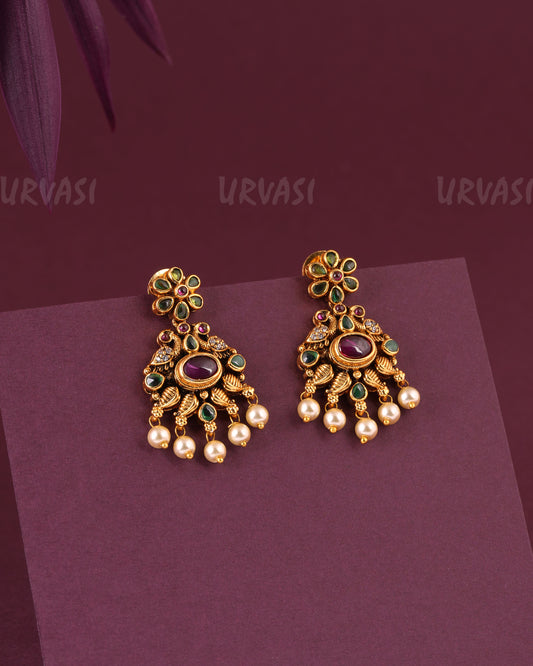 Gold-Toned Peacock Motifs Floral Pearl hanging Earrings ER 986