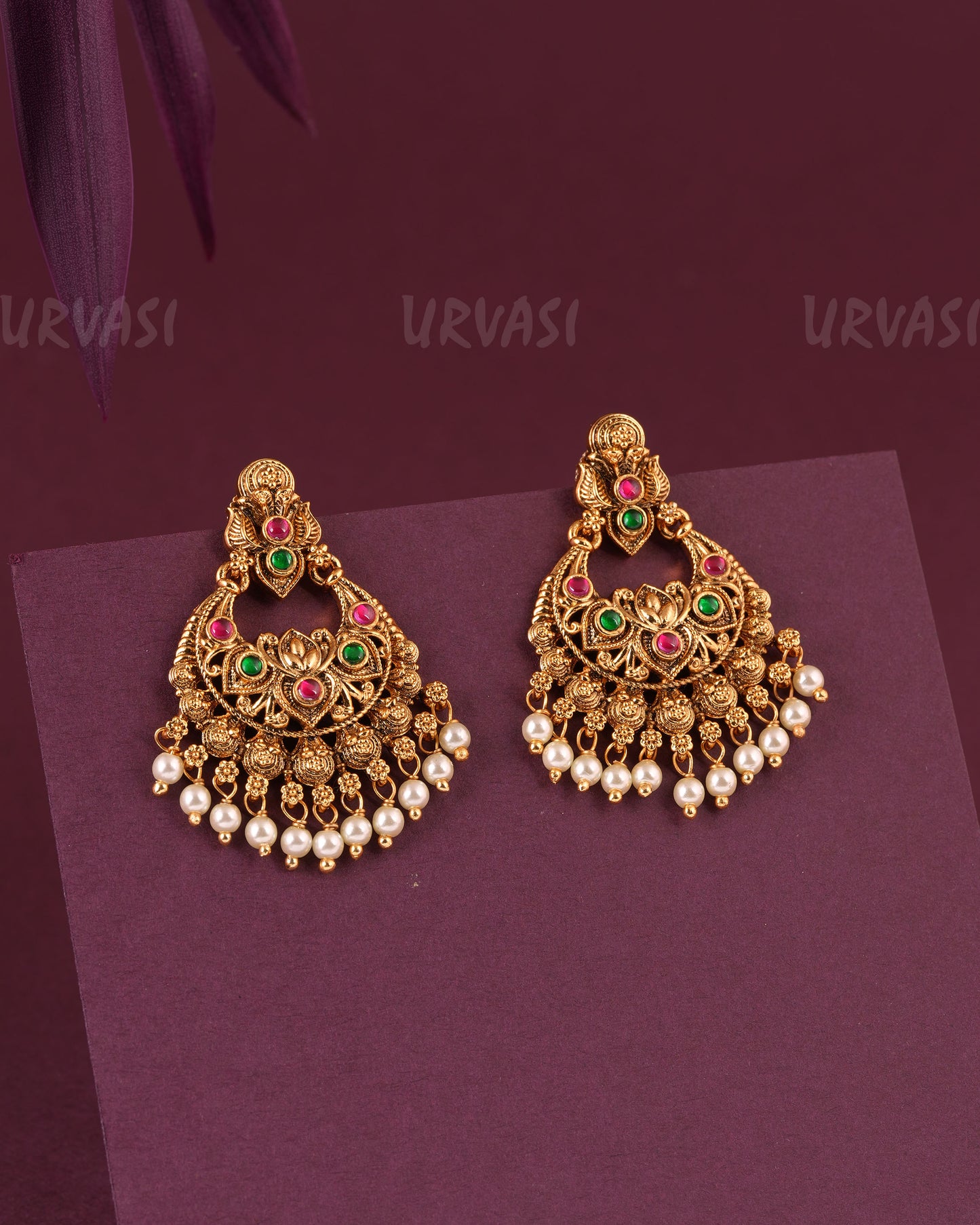 Gold-Toned Peacock Motif Floral Pearl Hanging Earrings ER 985