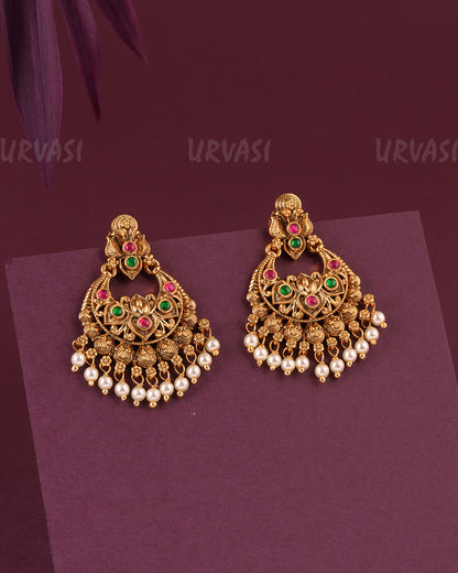 Gold-Toned Peacock Motif Floral Pearl Hanging Earrings ER 985