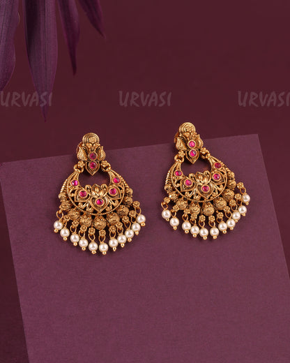 Gold-Toned Peacock Motif Floral Pearl Hanging Earrings ER 985