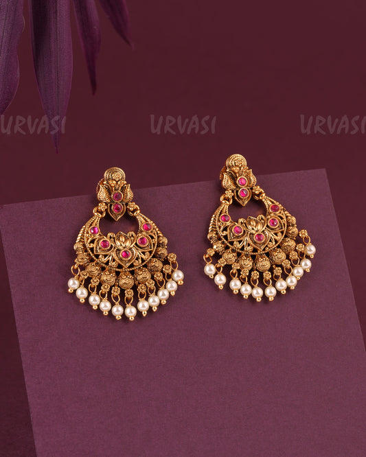 Gold-Toned Peacock Motif Floral Pearl Hanging Earrings ER 985
