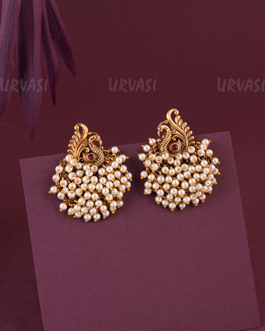 Gold-Toned Peacock Motif Pearl Stud Earrings ER 983