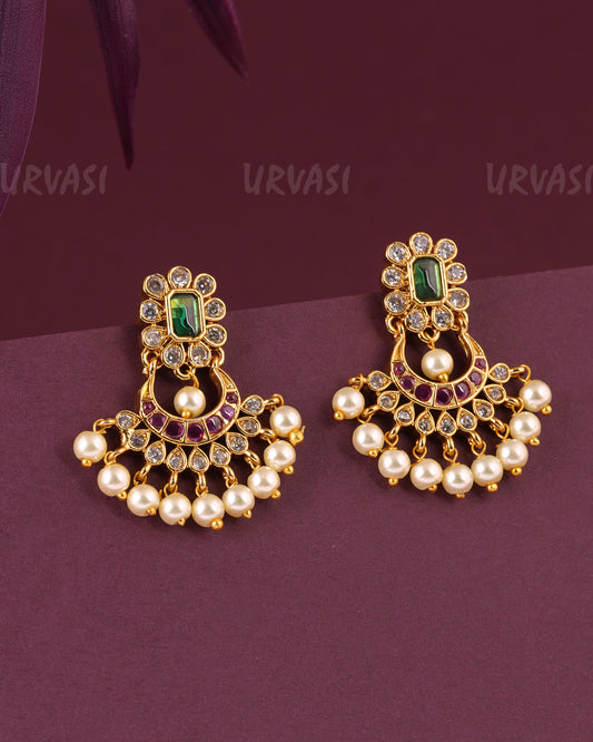 Gold-Toned Floral Stone-Studded Pearl Earrings ER 979