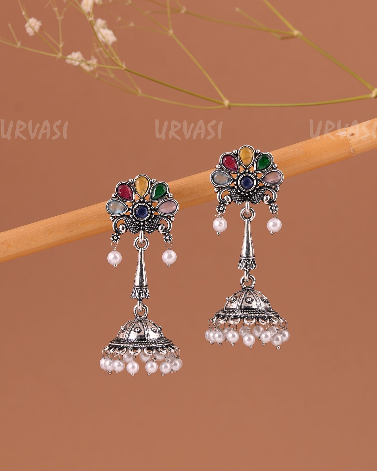 Oxidised Silver Peacock Motif Jhumka Pearl Earrings ER 999