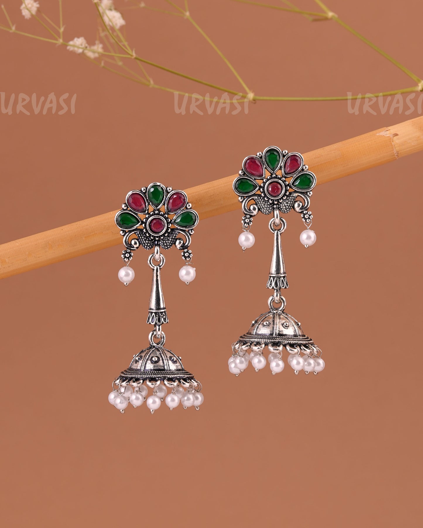 Oxidised Silver Peacock Motif Jhumka Pearl Earrings ER 999