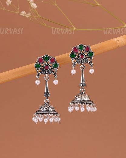 Oxidised Silver Peacock Motif Jhumka Pearl Earrings ER 999
