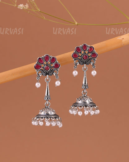 Oxidised Silver Peacock Motif Jhumka Pearl Earrings ER 999