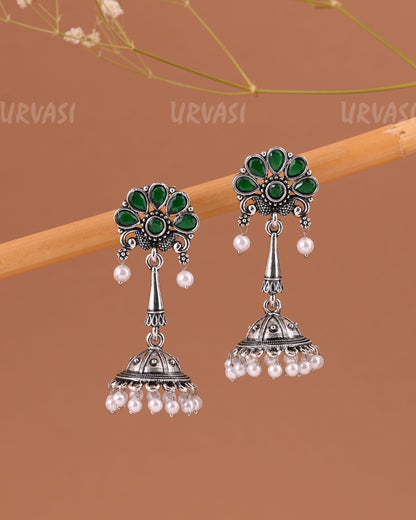 Oxidised Silver Peacock Motif Jhumka Pearl Earrings ER 999